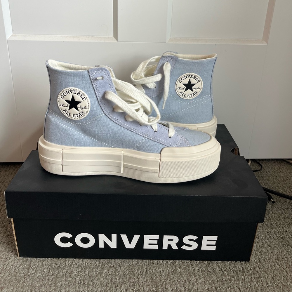 White and Blue Platform Converse